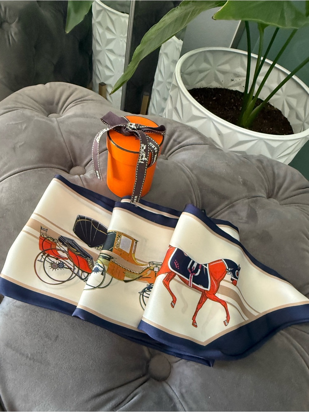 Silk Equestrian-Inspired Silk Carriage Scarf with Navy Trim